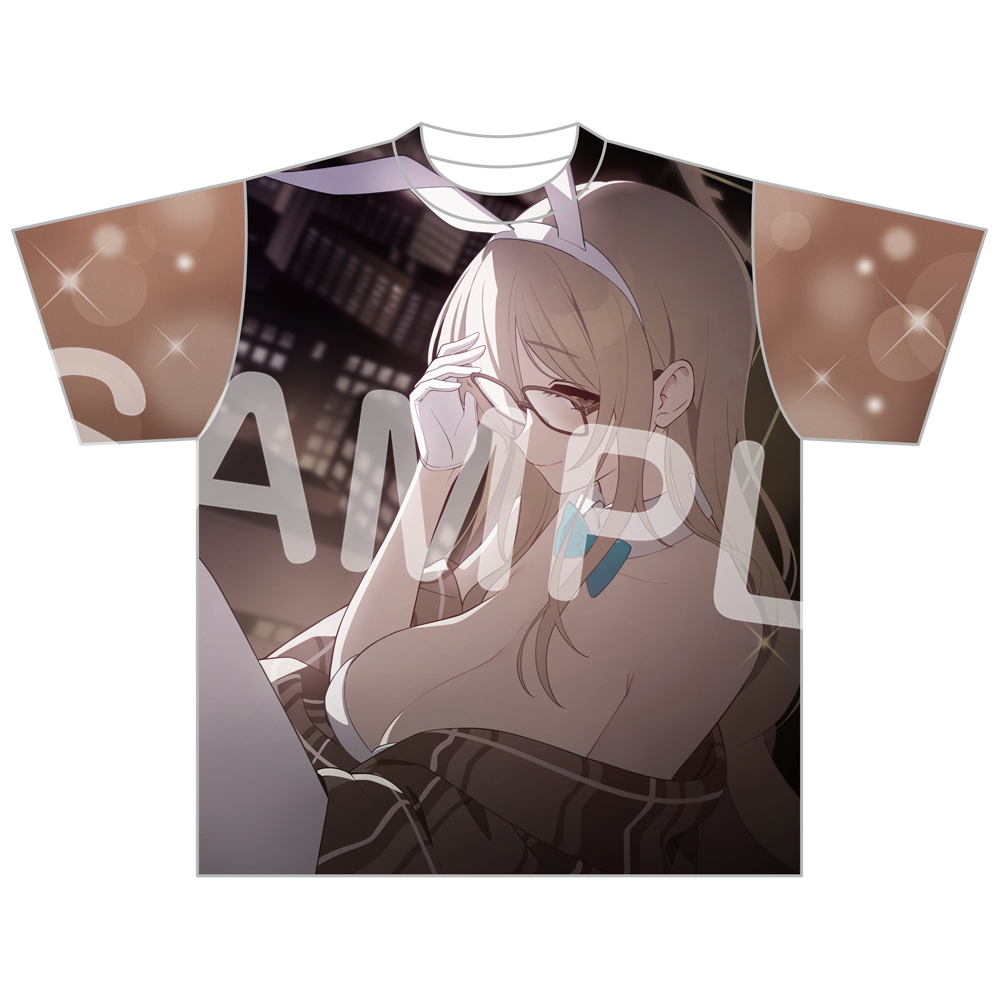 Front-view mockup of the polyester full-graphic T-shirt featuring an illustrated bunny-girl character with glasses printed across the shirt.