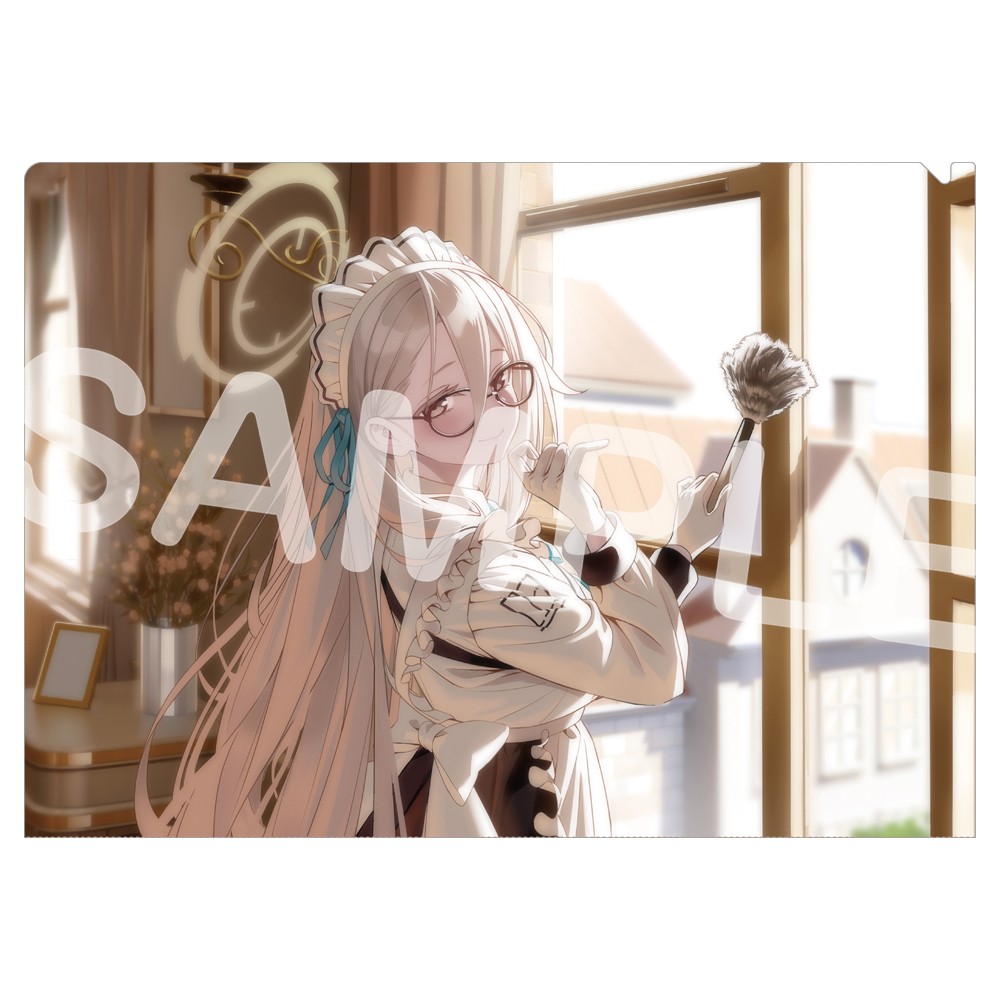 Illustrated clear-file design showing an anime maid character with long light hair and glasses holding a feather duster by a sunlit window, overlaid with a "SAMPLE" watermark.