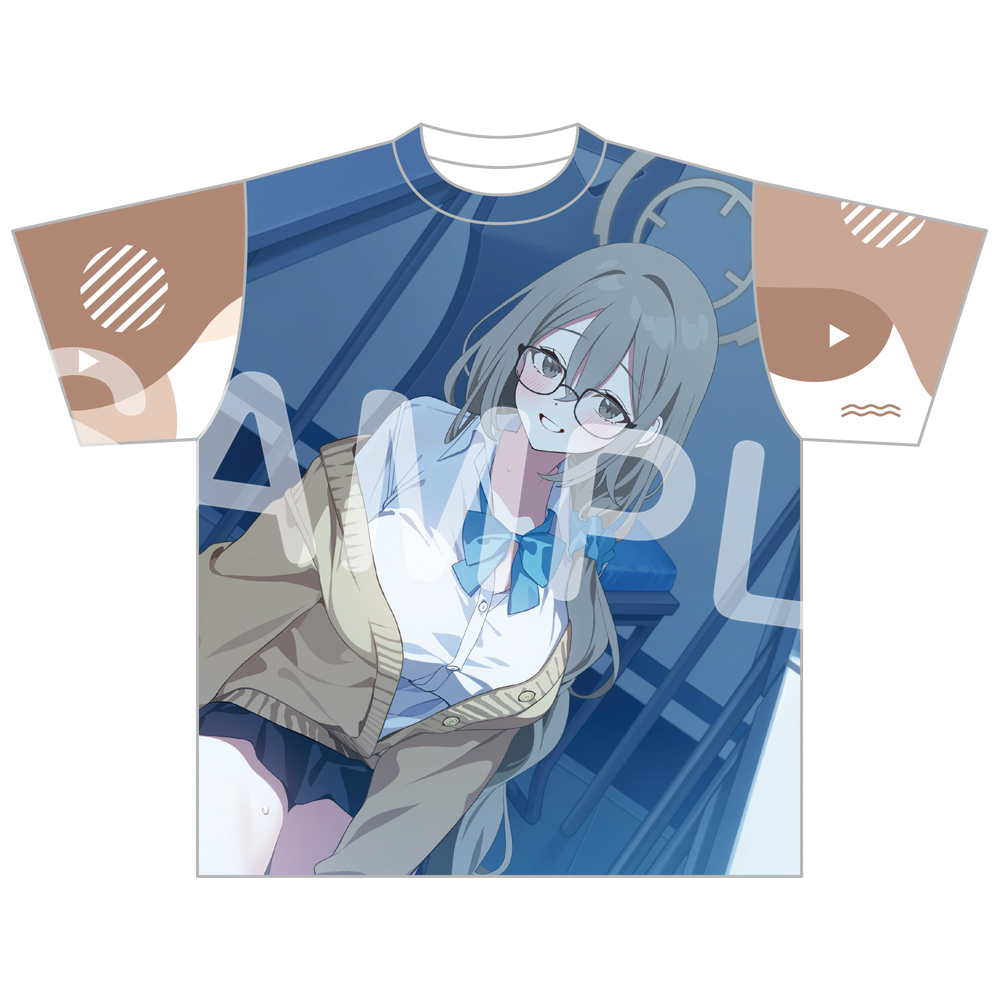 Front view of a full-graphic polyester T-shirt featuring an illustrated character Akane in a school uniform printed across the front.