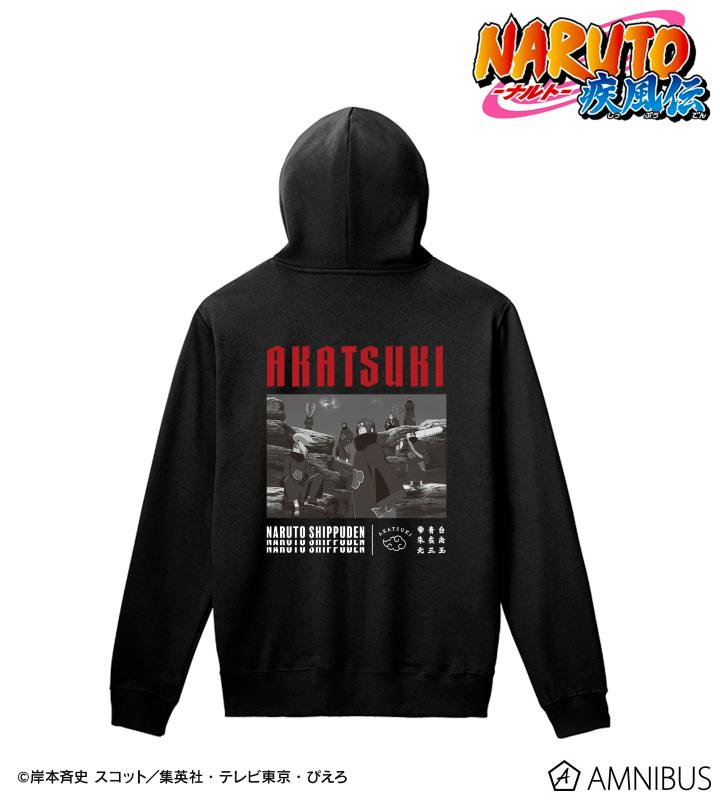 Black women's hoodie shown from the back with red "AKATSUKI" text and a grayscale Naruto Shippuden character graphic on the back.