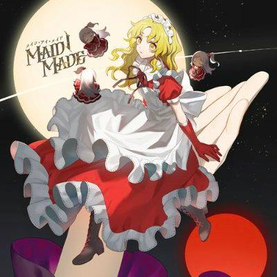 CD cover art showing an illustrated blonde maid in a red-and-white dress sitting on a large hand with the title “MAID I MADE.”
