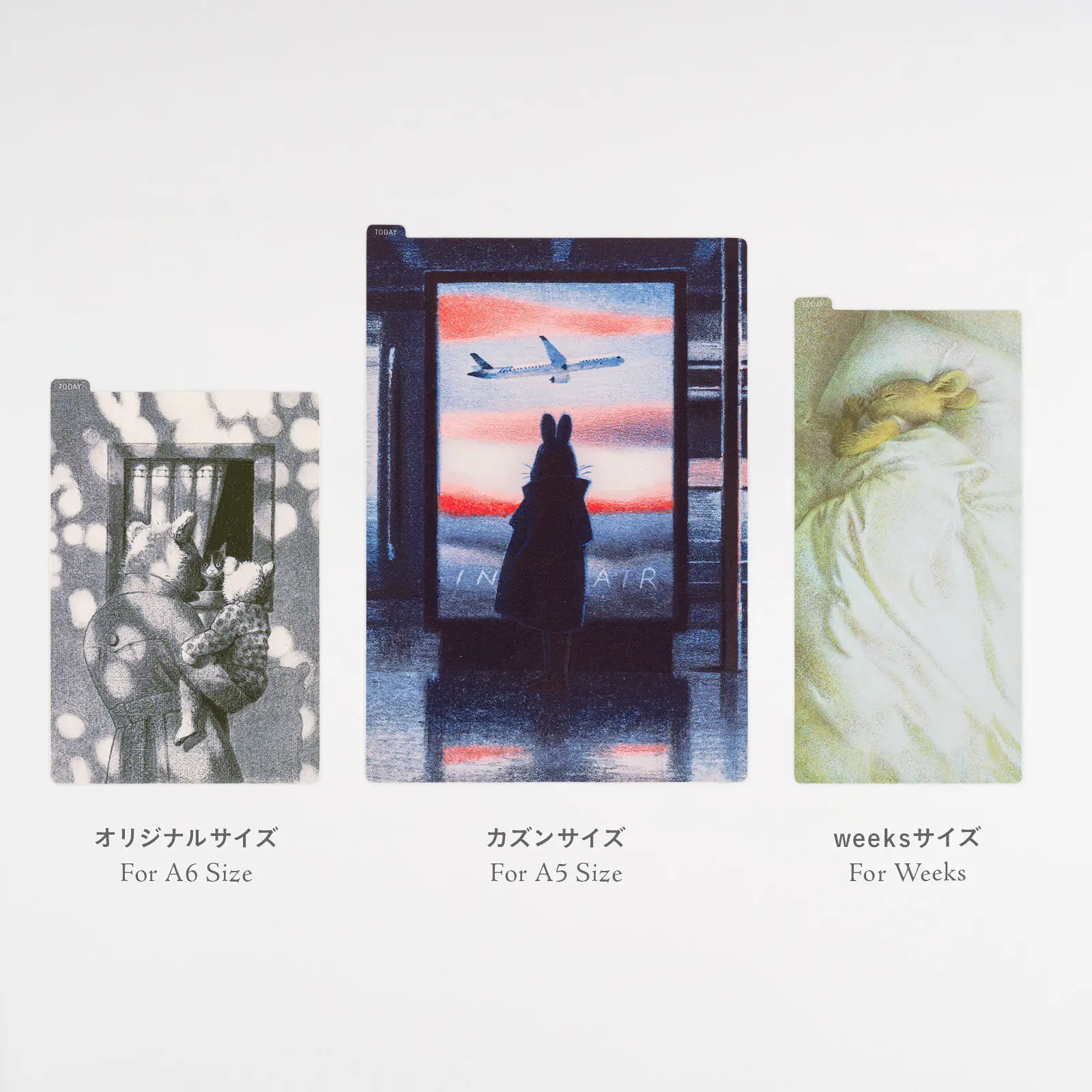 Three illustrated Hobonichi under-sheet designs shown for Original (A6), Cousin (A5), and Weeks sizes.