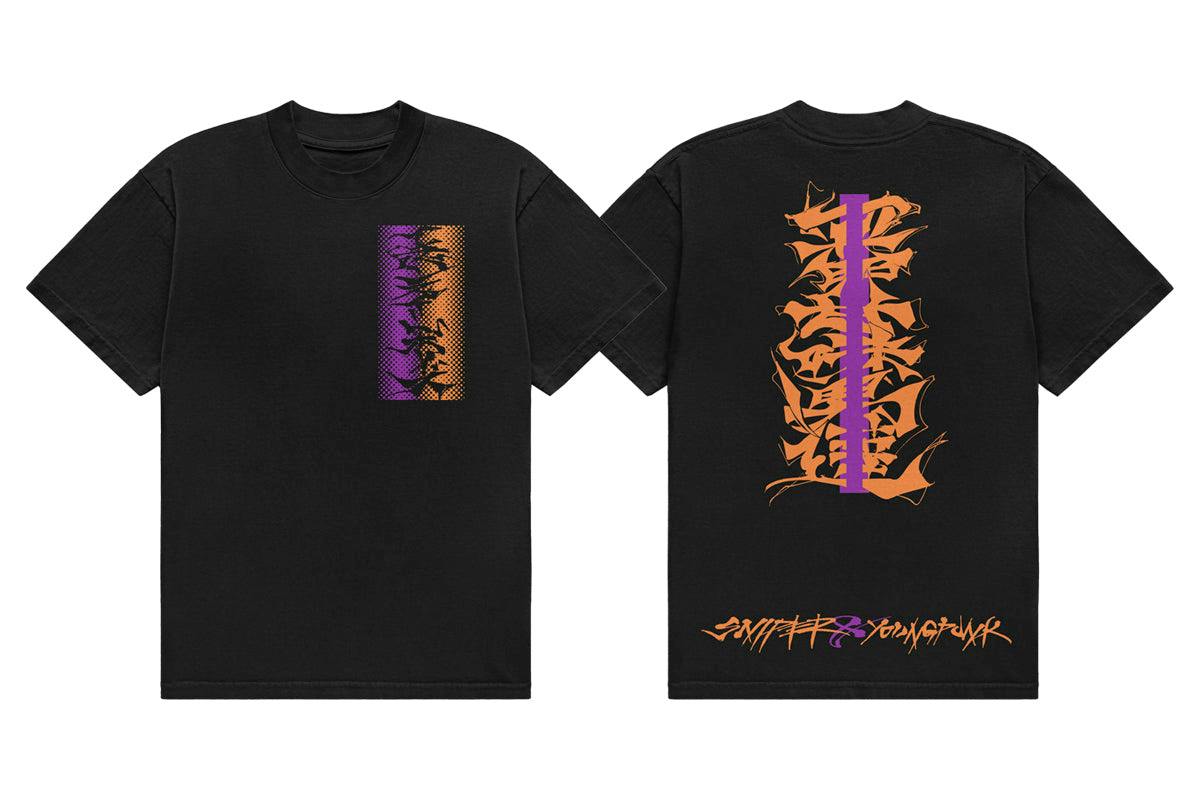 Front and back views of a black cotton T-shirt with a vertical purple-and-orange graphic on the front left chest and a large matching vertical graphic on the back.