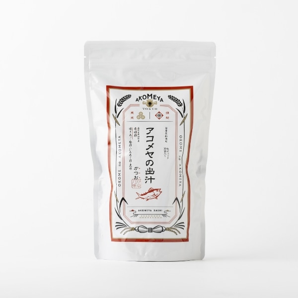 White resealable pouch showing the AKOMEYA TOKYO front label for katsuobushi dashi.