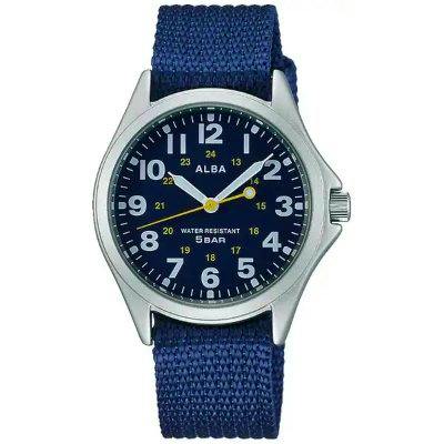 Front view of an Alba AQPK402 wristwatch with a blue dial, white numerals, yellow hands, and a blue fabric strap.