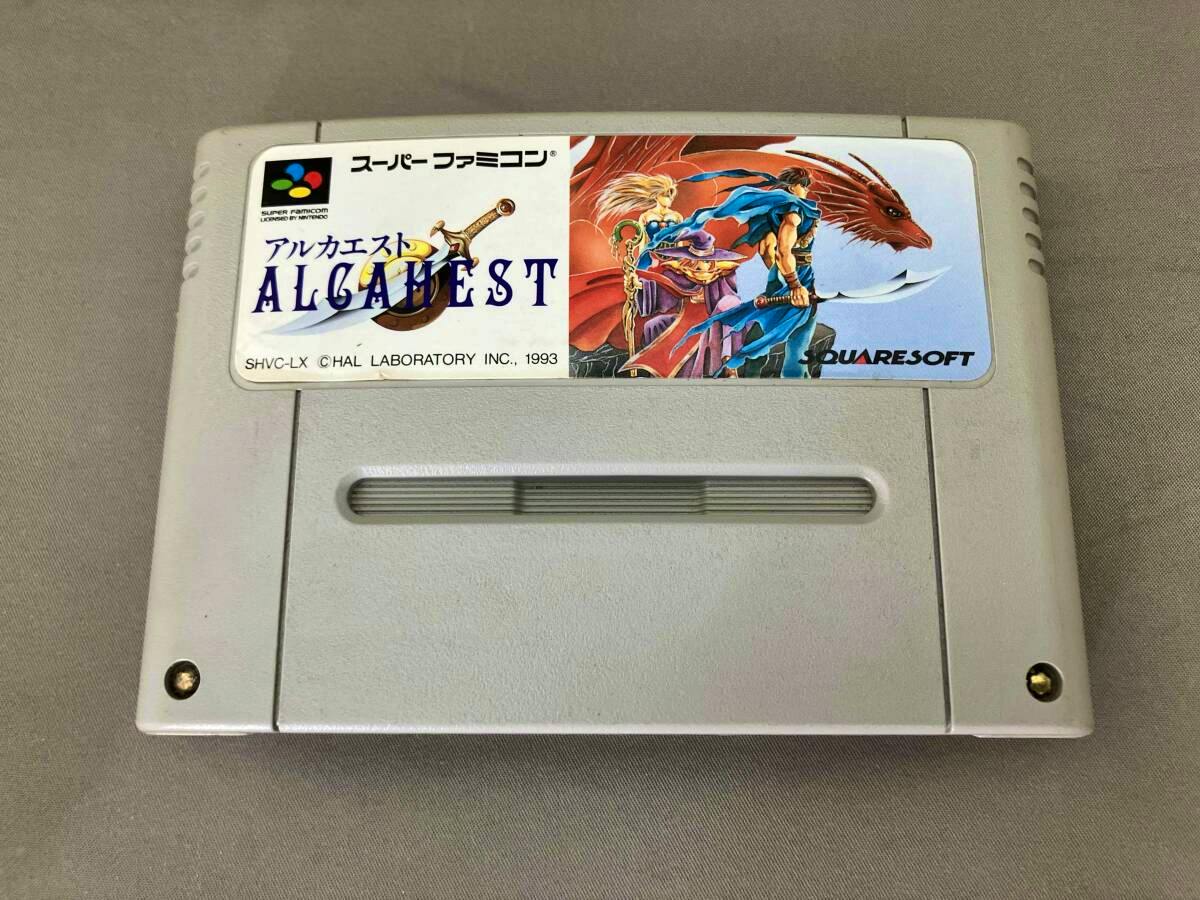 Front of a Super Famicom game cartridge for ALCAHEST showing the label and artwork.