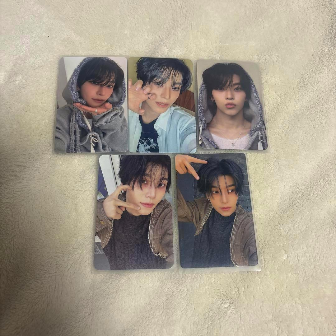 Five photocards showing portrait photos of XINLONG arranged on a light fabric background.