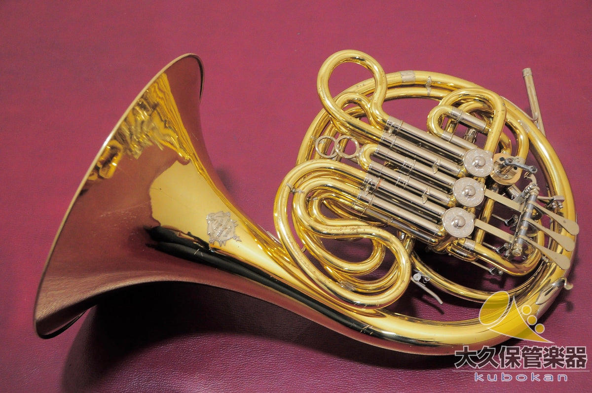 Front-facing photograph of an Alexander 103ML full double horn lying on a maroon background.