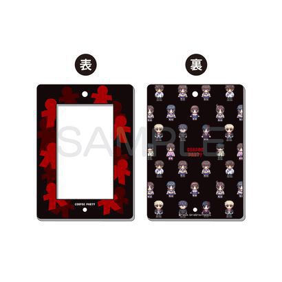 Front and back views of an acrylic storage case, with a red-silhouette framed front and a repeating chibi character pattern on the back.