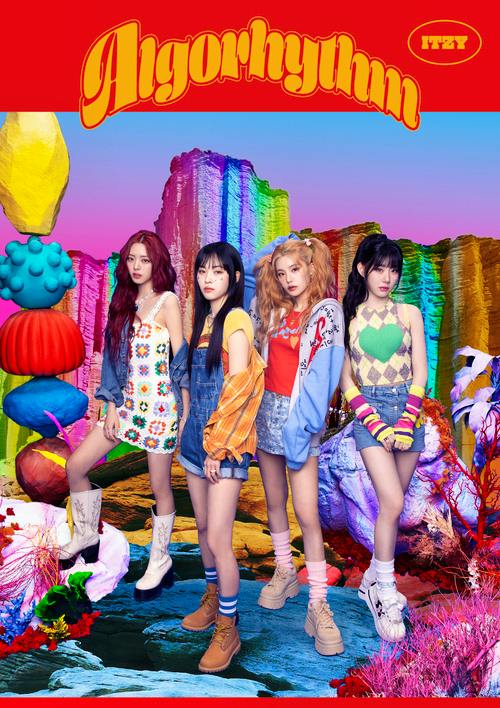 Cover art for 'Algorhythm' showing four women standing in front of a colorful surreal landscape with the title 'Algorhythm' at the top.
