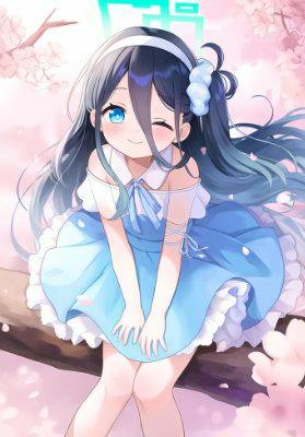 Illustration of an anime girl in a blue dress sitting on a tree branch with cherry blossoms, shown as the tapestry design.