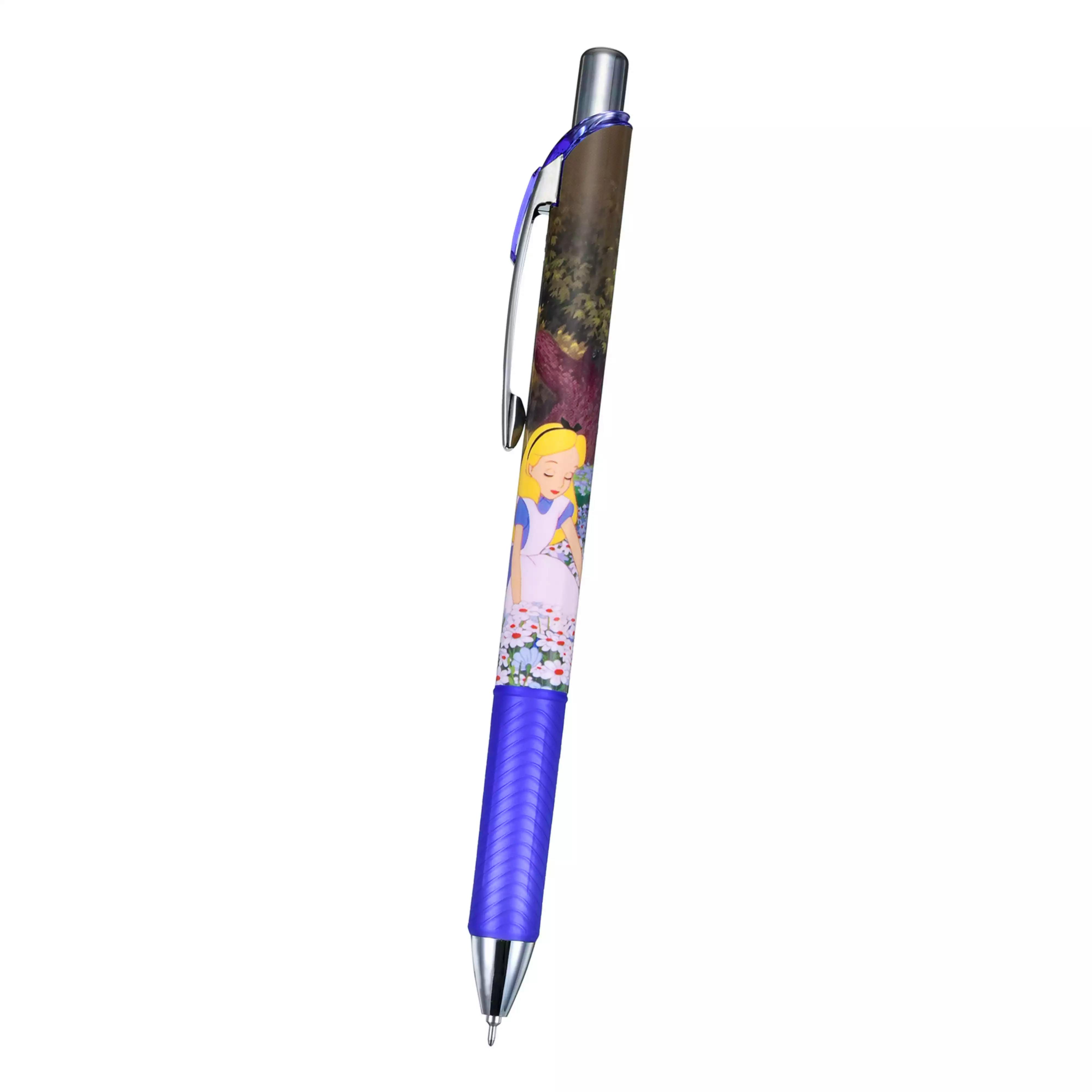 Close-up of the Alice EnerGel 0.5 gel ink ballpoint pen showing the clip, patterned barrel, blue grip, and tip.