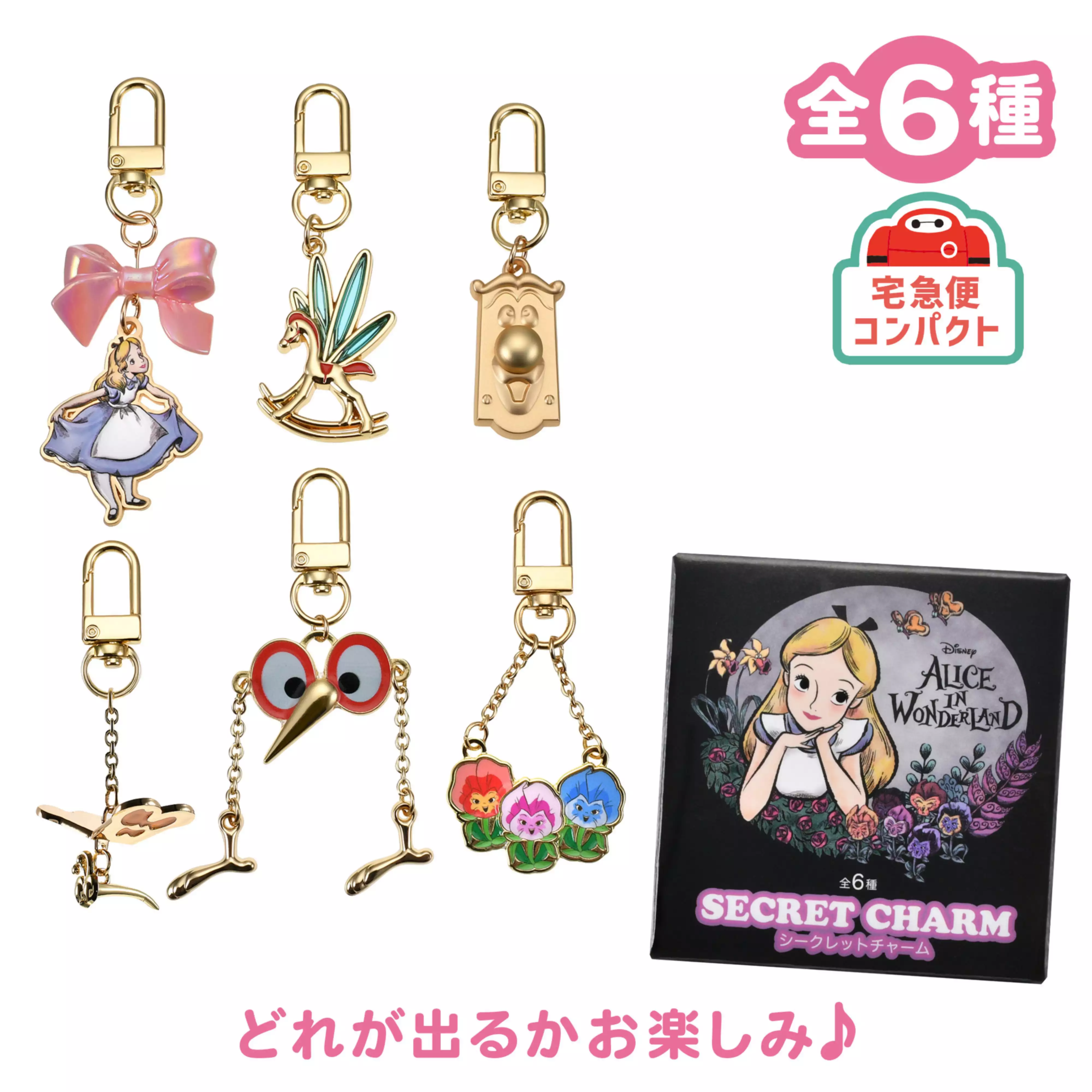 Photo showing six Alice in Wonderland keychain charms alongside the product's black box packaging.