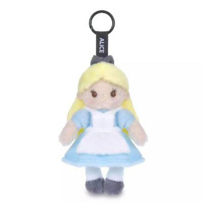 Plush Alice keychain wearing a blue dress and white apron, hanging from a key ring labeled "ALICE".