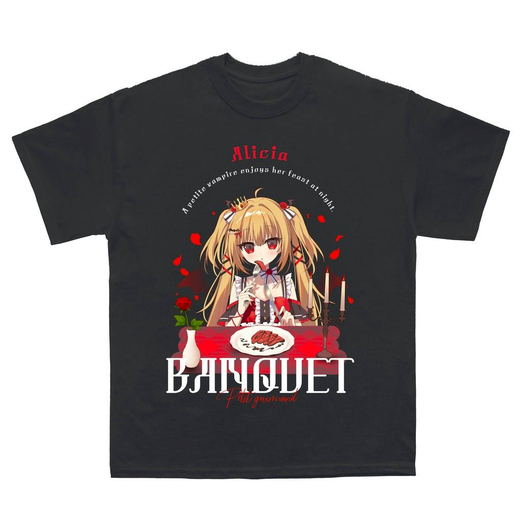 Front view of a black cotton T-shirt with an anime-style print of a blonde girl at a dinner table and the text "BANQUET".