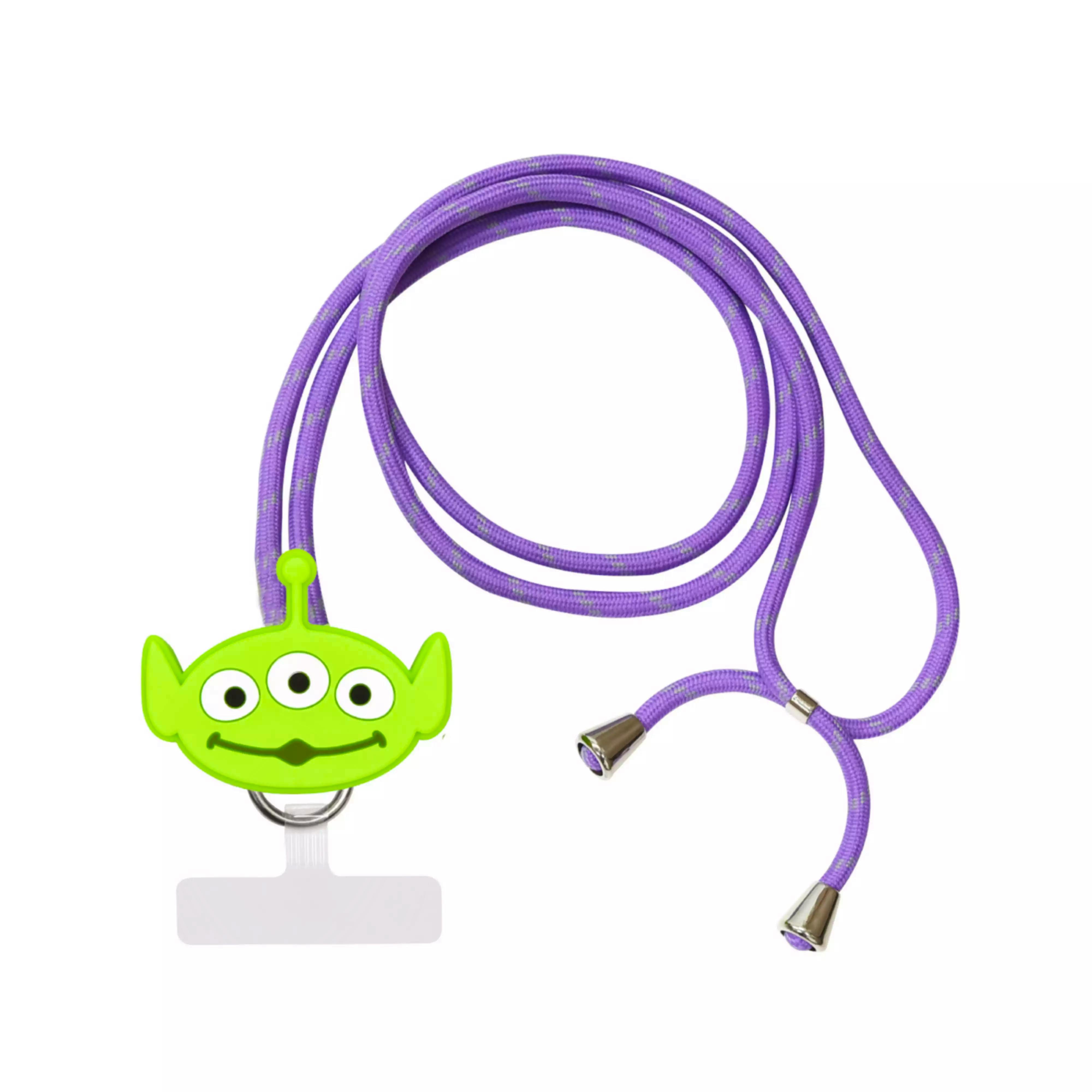 Green three-eyed alien mascot strap on a purple lanyard with metal ends and a clear badge holder.