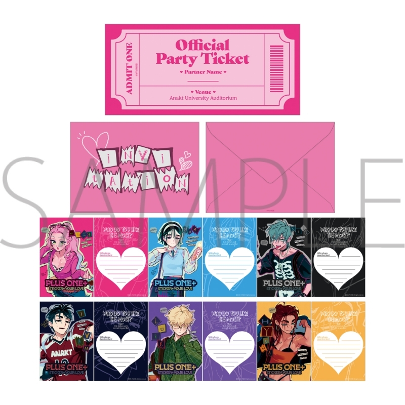 A letter set layout showing a pink envelope, an 'Official Party Ticket', and twelve illustrated character message cards with heart-shaped writing areas.