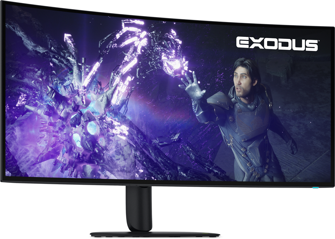 Front view of the Alienware 39 5K OLED gaming monitor on its stand showing game artwork with the text "EXODUS" on-screen.