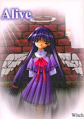 Cover art for the Windows95/98 CD software ALIVE showing an anime-style girl with long purple hair, angel wings, and a halo standing before a brick wall.