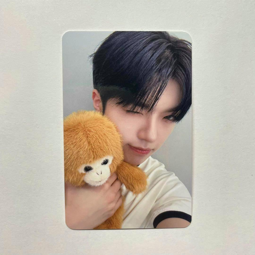 Photocard showing a person winking while holding a brown plush stuffed animal against a plain background.