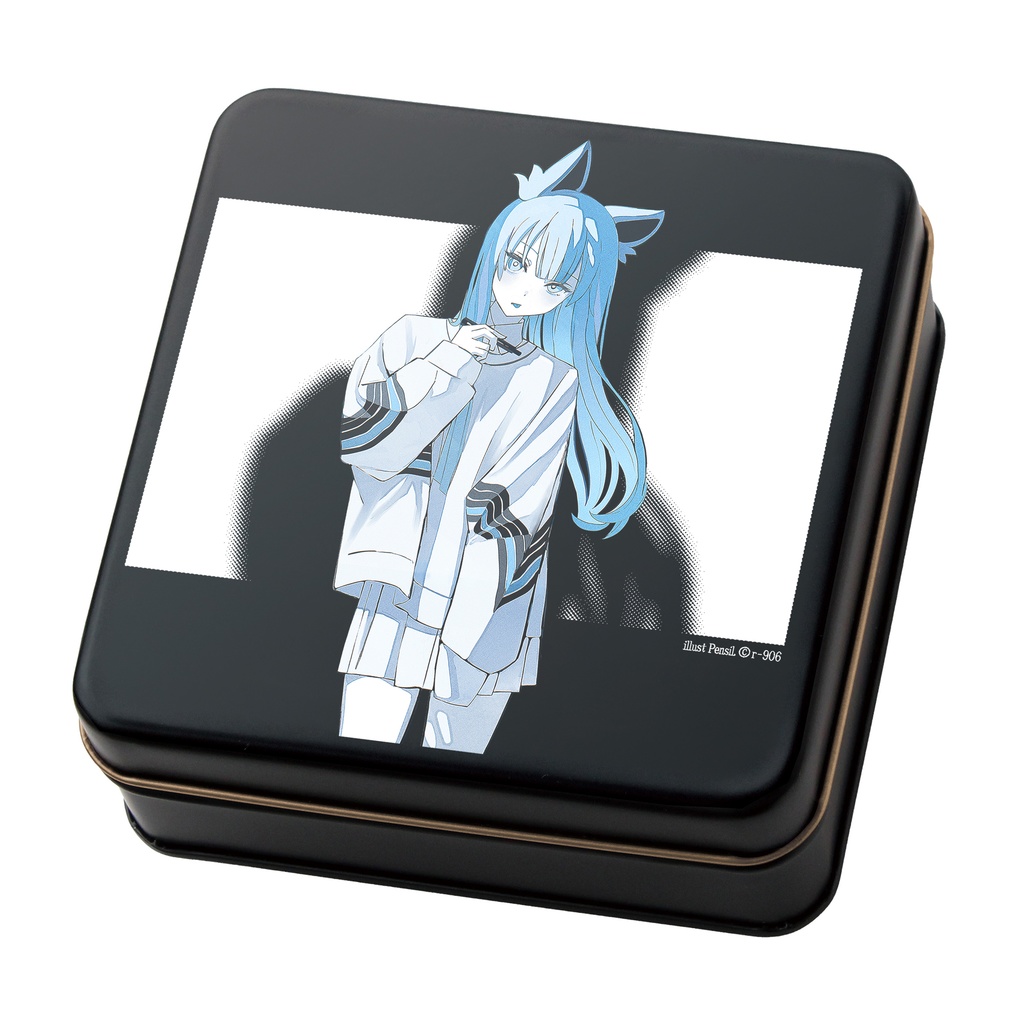 Square black metal tea canister with a blue-haired anime character illustration printed on the lid.