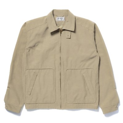 Front view of a beige men's all-weather swing jacket with a zip closure, collar, and two front patch pockets.