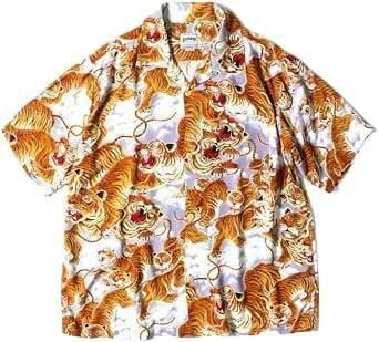 Men's rayon Aloha shirt with repeating orange tiger print shown laid flat front.