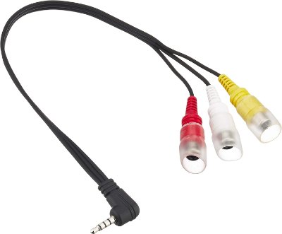 Right-angle 3.5mm to yellow/red/white RCA cable for car dash camera video/audio input.