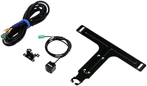 Photo of the Alpine HCE-C25HD-FD under-number mount kit showing a metal mounting bracket, camera module, and cables on a white background.