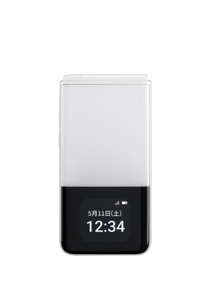 Front view of the Pearl White flip-style mobile phone (closed) showing the external display with date and time.