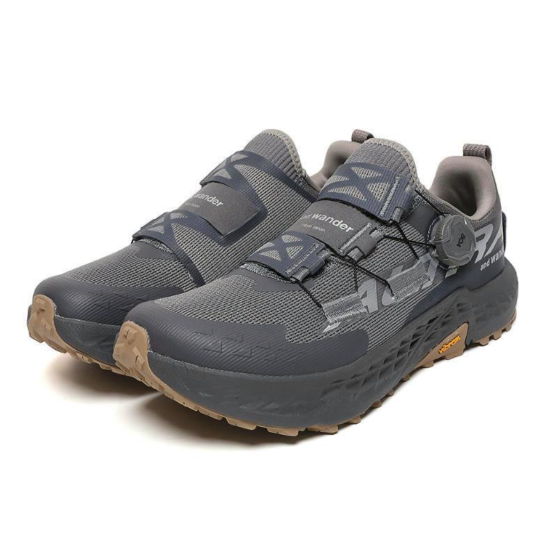 Angled front view of a pair of ALTRA Timp5 BOA men's gray sneakers on a white background.