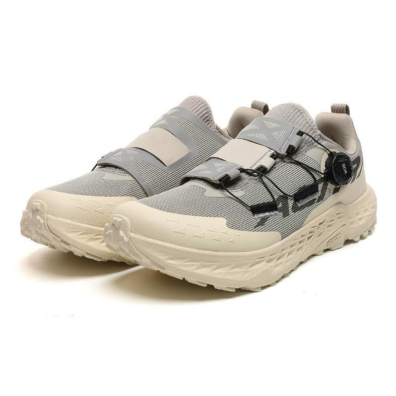 Pair of Altra Timp 5 BOA trail running sneakers in gray-beige showing the BOA dial and textured outsole.