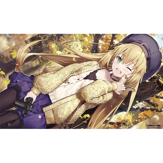 Playmat illustration of Altria Caster (casual outfit) lying outdoors holding a small animal and a camera.