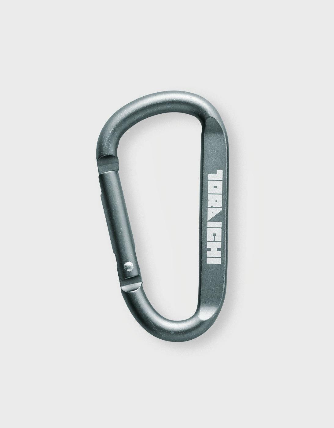 Gray aluminum carabiner on a light background.