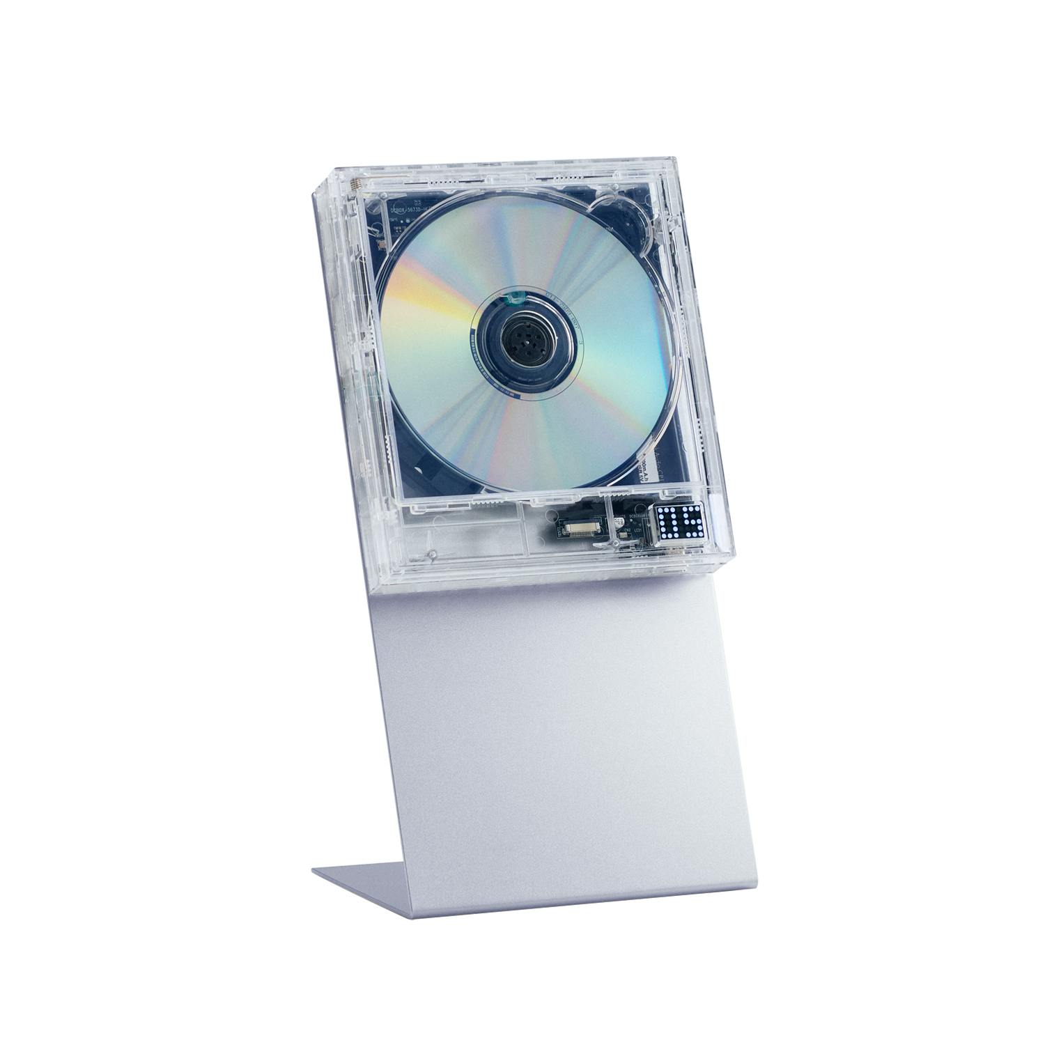 Silver aluminum stand for CP1/CP2 shown supporting a clear CP unit with a disc.