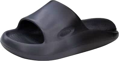 A black indoor plastic slide slipper with an extra-thick sole and open toe shown on a white background.