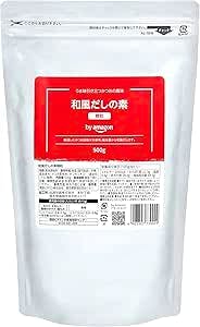Front view of a white resealable pouch of by Amazon Japanese-style dashi granules 500g with a red label and product text.