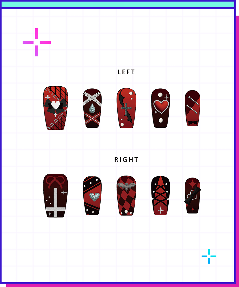 Illustrated sheet of red and black nail sticker tips arranged for LEFT and RIGHT hands showing various designs.