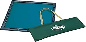 A green AMOS JUNK MAT mahjong playmat laid flat beside its green carrying bag with yellow handles and a 'JUNK MAT' logo.