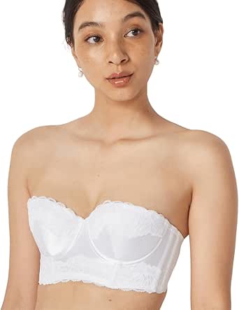 Model wearing the Amostyle Bridal Inner long strapless wedding bra in white.