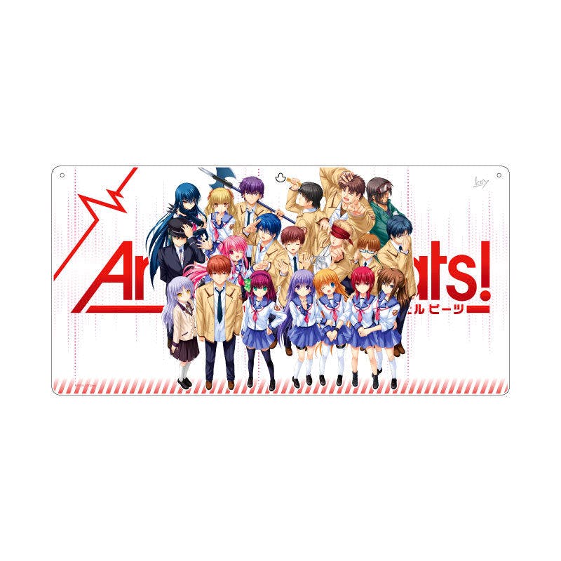 Rectangular acrylic wall panel showing a full-color group illustration of Angel Beats! characters with a white background and red logo.