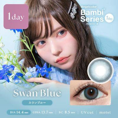 Model wearing AngelColor Bambi Series 1day Swan Blue contact lenses, with a close-up eye and lens graphic visible.