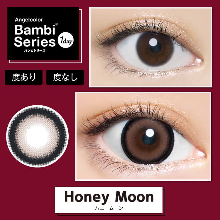 Close-up photos of an eye and a lens diagram showing the Angelcolor Bambi Series "Honey Moon" contact lens.