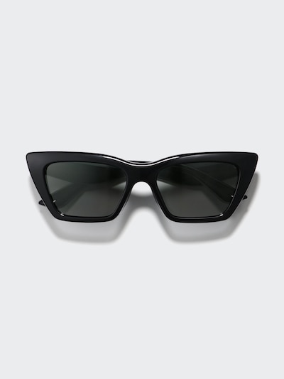 Front-facing black angular plastic sunglasses on a light background.
