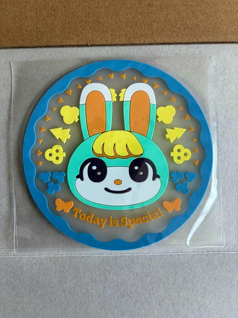 Top-down photo of the Mitchell rubber coaster (あつまれ どうぶつの森) in a clear plastic sleeve showing the character face and the text "Today is Special."