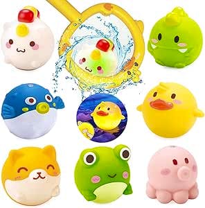 Nine colorful animal bath toys arranged in a grid, showing ducks, a frog, a cat, a pig, and other characters.