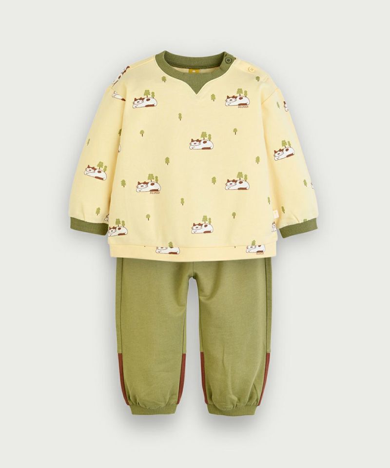 Yellow animal-print long-sleeve baby top paired with olive-green baby pants displayed flat.