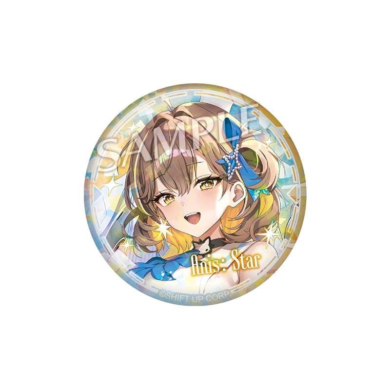 Close-up of a holographic round can badge showing the Anis: Star character artwork with the product name on the badge.