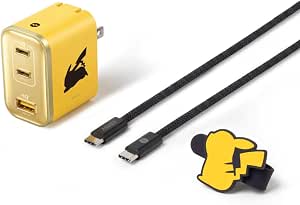 Yellow Anker 3-port USB rapid charger shown with a USB-C cable and a Pikachu-shaped accessory.