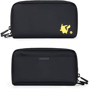 Black Anker travel pouch showing a front view with a small yellow Pikachu silhouette and a back view with the ANKER logo.